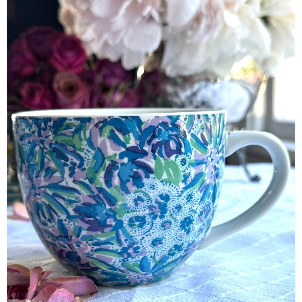 Lilly Pulitzer Set 2 Mugs Blue Green Floral Tropical Print Preppy Coastal Cups - Picture 8 of 16